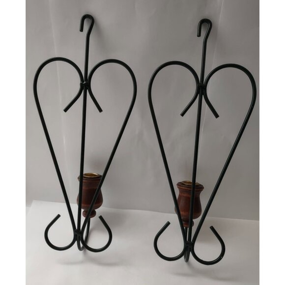 Heart Shaped Sconces (lot of 2) set Green Metal & Wood Candle Holder wall decor - Picture 4 of 9